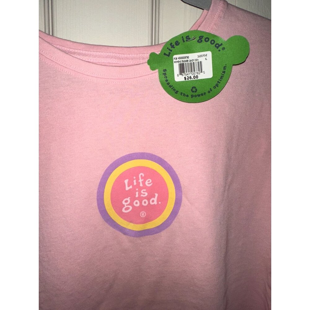 NWT Life Is Good Womens Tee "Life is Good" Coin Logo Pink XL